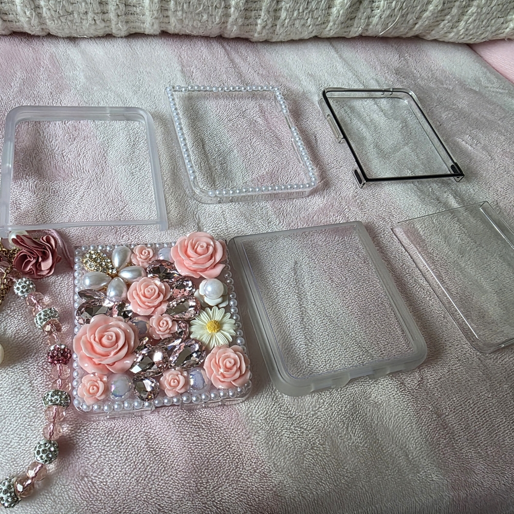 Decorative Floral Phone Case with Pearls - Pink and White - Picture 2 of 2